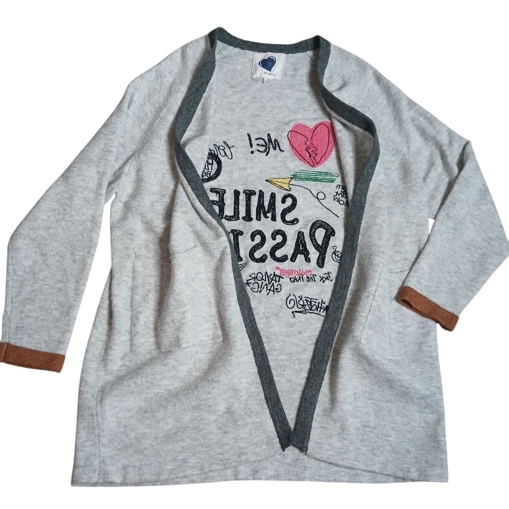 Just Madison Cardigan Sweater Duster Open Front Puff Graffiti Comic Grey Large